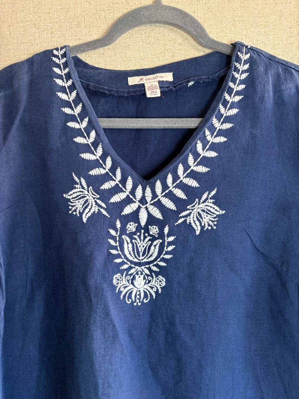JM Collection Linen Tunic Sz 12 Navy Blue Embroidered Bohemian Peasant Coastal - Picture 8 of 15